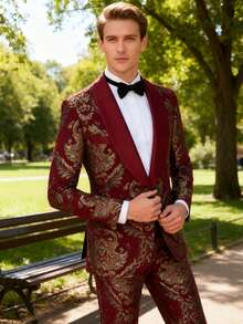 Men's Jacquard Slim-Fitting Two-Piece Suit, Shawl Lapel Evening Dress, Wedding Ball Gown Set - Burgundy - View 1