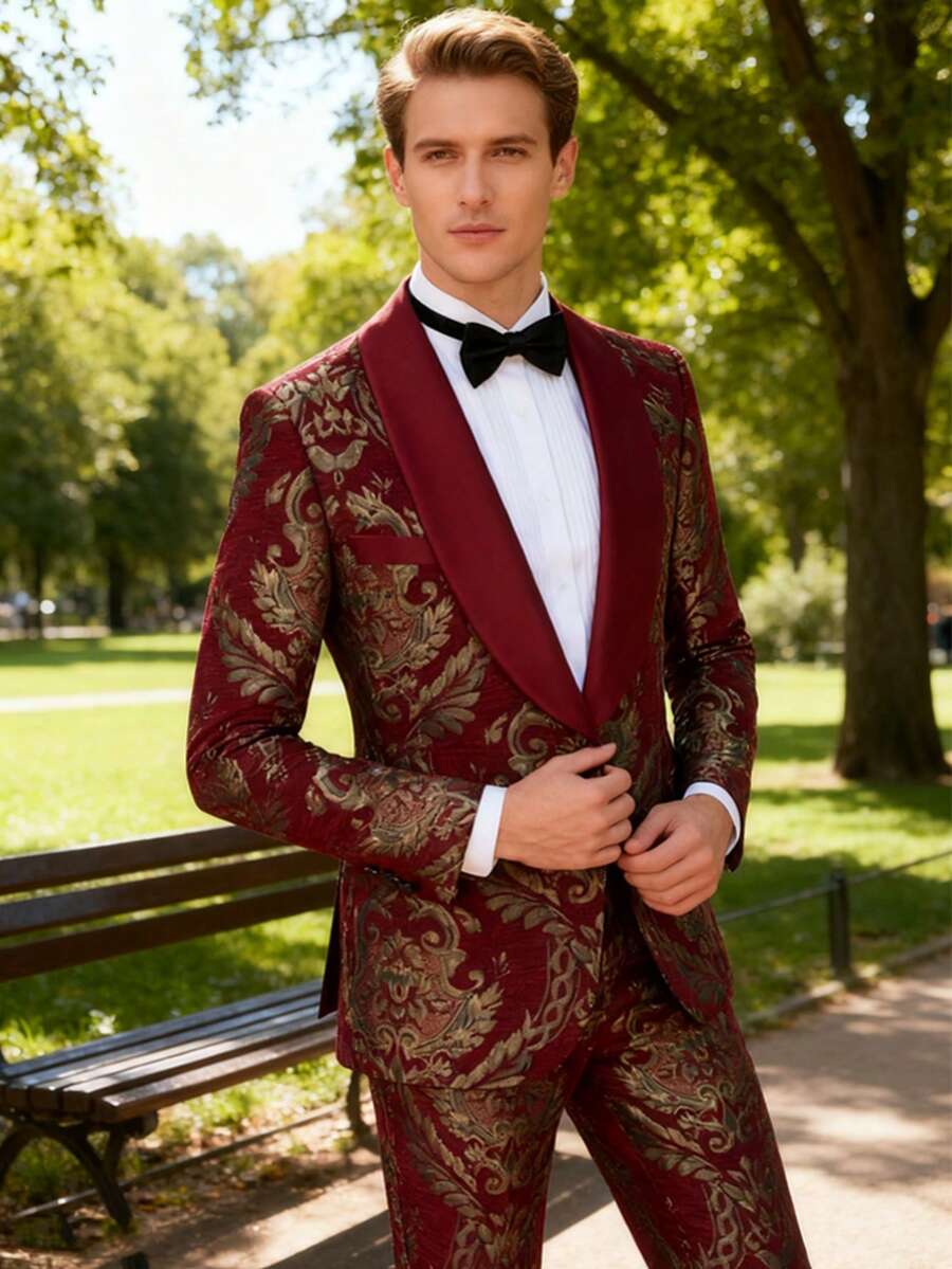 Men's Jacquard Slim-Fitting Two-Piece Suit, Shawl Lapel Evening Dress, Wedding Ball Gown Set - Burgundy - View 1