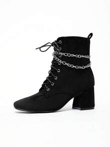 女士圆头切尔西靴，高跟厚底粗跟时尚靴子，防水冬靴，优雅黑色圆头粗跟高跟鞋，适合派对和度假 - 黑色 - 查看 8