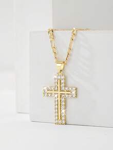1pc New Hypoallergenic Copper Inlaid Zirconia Jesus Cross Pendant Necklace, Suitable As Gift For Mother/Valentine's Day Couples/Friends/Believers, Suitable For Christmas/Thanksgiving/Halloween/Mother's Day/Valentine's Day Couples/Friends/Believers, Catholic First Communion, Gift, Daily & Holiday Wear Prayer - Yellow Gold - View 7