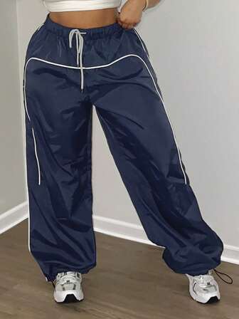 LovelyWholesale 大码女装时尚简约百搭运动腰部松紧抽绳条纹拼接直筒裤下摆可调节裤子秋冬