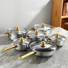 12pcs Stainless Steel Cookware Six Pieces Set, Uncoated, Double Bottom, Right Angle Gold-Plated Handle, Soup Pot, Milk Pot, Frying Pan - Silver - View 2