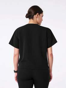 cimmuovere 大码女式圆领短袖开叉下摆短款纯色口袋手术服护士服工作服牙医保健宠物医院实验室制服上衣 - 黑色 - 查看 5