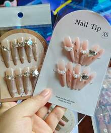 (Surprise Lucky Bag) 24pcs Short False Nails Square Press-On Nails French Glitter Nails +1 Jelly Glue +1 Glue Suitable For Women And Girls Daily Nail Decoration Nail Supplies Nails - 隨機出貨驚喜連連 - 查看 7