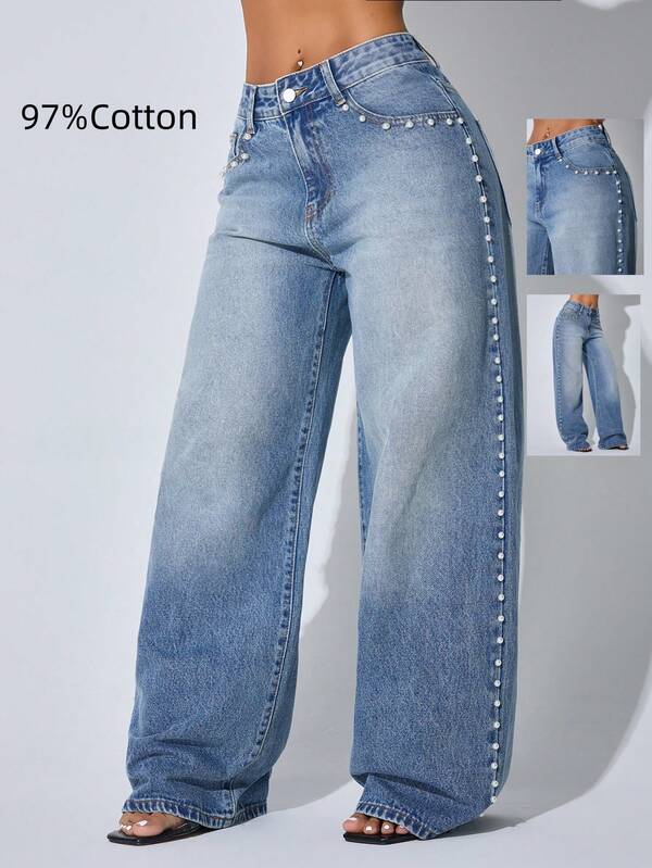 Calça Denim Feminina Casual de Cintura Baixa, Perna Larga, Bolso Inclinado Azul, Pedras de Strass Transferidas a Quente