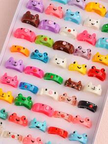 10/20/30pcs Cute Cartoon Animal Resin Rings, Frog, Kitten, Chick, Striped Pattern, Everyday Wear, Holiday Gift Accessories - Animal Resin Ring Full Mix - View 8
