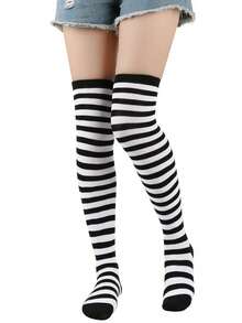 1 Pair Women Christmas Fine Striped Over-The-Knee Socks, Green & White Striped Knee-High Socks, Suitable For Stage Performance, Cosplay, Christmas Party, Events, Wedding Attire, Winter Warm Stockings, Y2k, Cozy - Multicolor - View 10