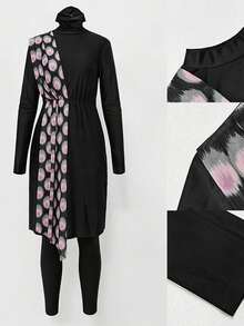 VFJ 三件套穆斯林女士泳装，伊斯兰保守泳装，含全包头巾、长袖上衣、连衣裙和裤子 - 灰色 - 查看 6