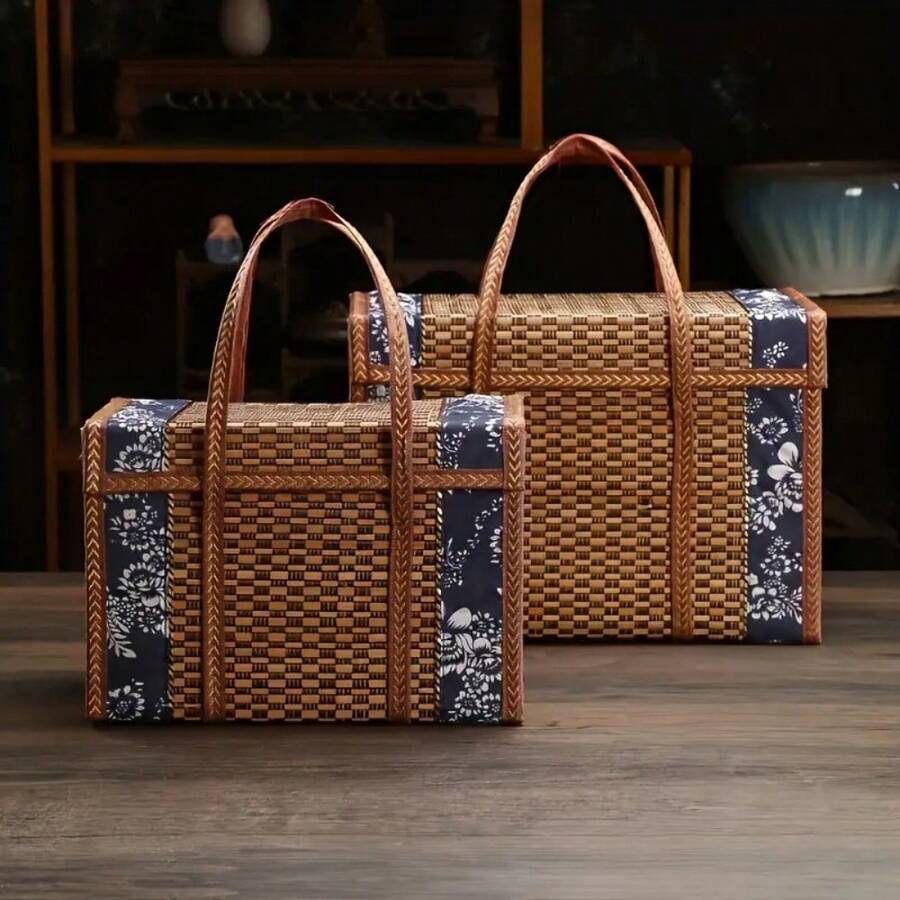 1 件复古竹编织篮带盖,蕾丝设计,可堆叠折叠多功能礼品盒,适合所有季节 | 多用途收纳篮(雨伞、纸巾、饮料)| 购物和野餐篮 | 日式椭圆形藤条手提包 | 大容量家用收纳篮 | 优雅的礼物选择,搁架篮 | 户外使用,带盖收纳盒,理想的家居整理工具,多功能礼品盒,适合户外使用,大容量可折叠,适合女性购物、野餐、露营和其他户外用品 - 彩色 - 查看 1