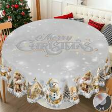 1pc Vintage Christmas Tablecloth With Santa Claus Reindeer Snowman Christmas Tree Patterns, Christmas Decor 2025, Christmas Party Decoration For Home Indoor Outdoor, Chic Silvery Round Rectangular Table Cloth, Holiday Kitchen Festive Decor, Christmas Gifts