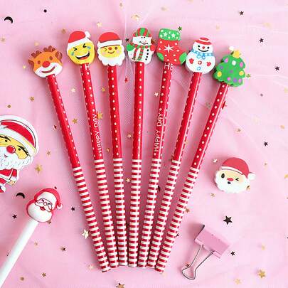 Borrador de lápiz con diseño de dibujos animados, artículos de papelería creativos con rompecabezas, pequeños regalos de fiesta de lápices, borrador con diseño de animales lindos, set de artículos de papelería de lápices navideños, premios, lápices con diseños de dibujos animados/algunos accesorios, colores, texto, patrones y formas son aleatorios
