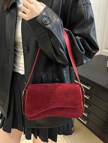 Minimalist Solid Color Shoulder Flap Bag, Classic Textured Crossbody Bag Purse For Women - Red - View 3