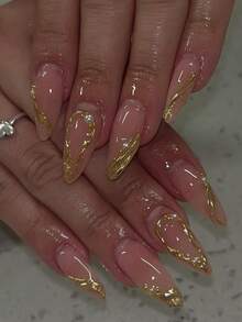 24片长杏仁形金色3D凝胶美甲贴纸，珍珠装饰设计，法式美甲风格，完美贴合指甲形状，提升您的时尚感。套装包含：1瓶果冻凝胶和1把指甲锉。金色美甲让您的指尖闪耀夺目，适合派对、舞蹈和日常佩戴。美甲用品 - 金色 - 查看 10