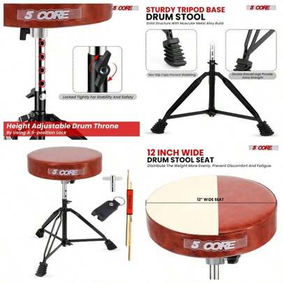 5 Core Drum Throne 3 Inch Thick Padded Comfortable Guitar Stool Double Braced Drummer Chair Height Adjustable Musician Adults And Caramel Brown - BLKCH CML BR