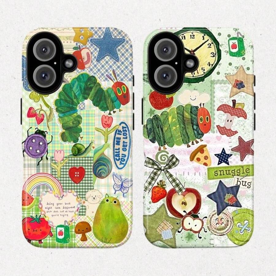 Curious Georgeee Cute Collage Phone Case - Colorful Caterpillar Fruits Pizza Stars Whimsical Patterns Compatible With IPhone 7-16 & Galaxy S21-S25 Gift For Him Her - 混合色1 - 查看 1