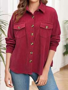 Women Corduroy Shirt Jacket Casual Solid Long Sleeve Button-Up Fall Coat With Pockets - Red - View 7