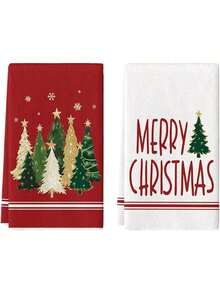2 Buah Handuk Dapur Motif Pohon Natal Merah Putih, Handuk Piring Penyerap dengan Cetakan Huruf Selamat Natal & Kepingan Salju, Handuk Teh Dekorasi Liburan Natal untuk Dapur dan Dekorasi Rumah - Merah - View 9