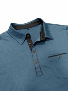 Plus Size Men's 2025 New Fashion Spring & Autumn Long Sleeve Polo Shirt, Casual Button Collar Solid Color Pocket Henley Top