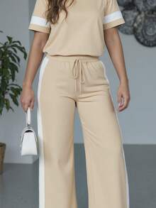 2pcs/Set Plus Size Women's Casual Colorblock Round Neck Short Sleeve Top And High Waist Drawstring Straight Leg Pants, Spring/Summer - Apricot - View 2