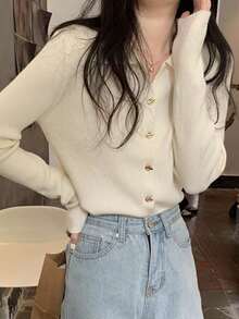 Elegante jersey de manga larga con cuello en V y solapa para mujer. Top chic de otoño/invierno con escote semiabierto. Jersey de capa base Jerséis de Mujer Tops de Punto para Mujer - Albaricoque - Ver 9