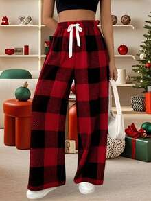 Womens Winter Plaid Pants Elastic Drawstring Waist Casual Loose Warm Wide Leg Trousers