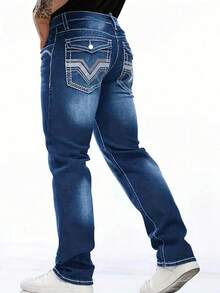 Men's Classic Embroidered Elastic Jeans, Minimalist & Fashionable, Suitable For Summer - Medium Wash - View 4