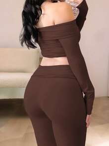 女士两件套：露肩长袖短款上衣和喇叭裤，黑色，休闲通勤运动风，秋季女装 - 咖啡棕 - 查看 2