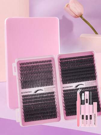 XISHIYO 640pcs Mixed Eyelash Clusters, Beginner-Friendly False Eyelashes, 3D Stereoscopic False Eyelashes, Comes With Eyelash Glue, Remover And Tweezers, Natural Curling Without Stiffness, Soft Stem Comfortable Wear, Fine Stem Invisible And Easy To Apply, Skin-Friendly Material, Waterproof And Sweat-Resistant, Essential For Newbies To Enhance Makeup Precision (Pink Box Black Lashes 50D+60D+80D+100D)