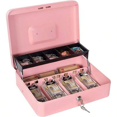 Caja fuerte, caja registradora, caja fuerte con cerradura de seguridad, hucha metálica para caja registradora. 30 x 24 x 8 cm. Color negro y rosa. Para guardar dinero, joyas, documentos, relojes, etc.