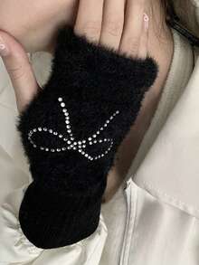 1 Pair Women's Fashion Plush Bow Rhinestone Half Finger Gloves, Versatile Casual Warm Winter Fingerless Gloves For Students, Office Work, Suitable For Cold Season,Festival,Party - Multicolor - View 5