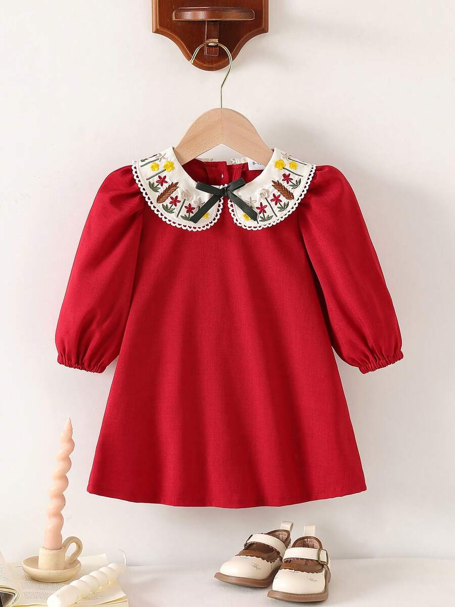 Baby Girls' Casual Long Sleeve Dress, New French Vintage Embroidered Peter Pan Collar Bow Elegant Princess Dress, Suitable For Spring & Autumn - Red - View 1