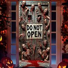 1 buc Banner Decorativ de Halloween: Nu deschideți ușa! Banner mare din material textil cu craniu de groază, fundal, acoperire ușă cu sânge care picură, poster - Potrivit pentru consumabile de petrecere de Halloween, recuzită și decorare a casei bântuite