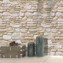 1 卷石纹自粘墙纸，防水即撕即贴可移除乙烯基装饰，适用于客厅、厨房、卧室，逼真的石砖设计，易于移除和粘贴墙纸，家具改造和美学升级，房间装饰贴纸 - 駝色 - 查看 12