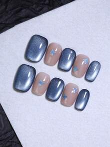 10 pezzi di unghie finte quadrate corte, stile francese, design autunnale e invernale, colore blu e nudo, stile occhio di gatto, fatto a mano, pronte all'uso, riutilizzabili, prodotti per la manicure e la bellezza delle unghie