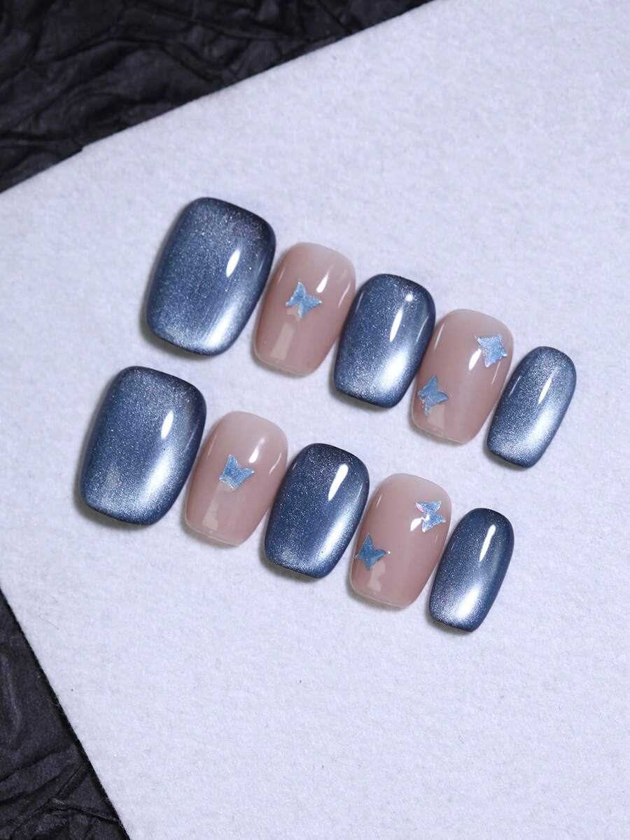 10 pezzi di unghie finte quadrate corte, stile francese, design autunnale e invernale, colore blu e nudo, stile occhio di gatto, fatto a mano, pronte all'uso, riutilizzabili, prodotti per la manicure e la bellezza delle unghie