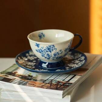 复古青花陶瓷咖啡杯套装，高端家用陶瓷杯，适用于拿铁、卡布奇诺、下午茶