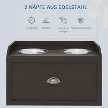 PawHut Futterstation Erhöhte Fressnäpfe 2 Fressnäpfe, 2 Edelstahlschalen, 1 Stauraum, 60 x 30 x36 cm, Braun