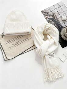 FADZOYLE 1pc/2pcs Hat & Scarf Set Solid Color Scarf Large Size Cashmere Feel Wraps Shawl For Dress Wedding And Gift Evening Dresses Travel Office, Fall Winter All Season Solid Color Knit Cuffed Beanie Hat Knitted Caps Soft Snug Outdoor Daily Use Gift Snow Ski Running Accessories