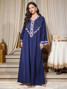 Elegant V-Neck Rhinestone Embellished Loose Long Robe Dress, Long Sleeve - Navy Blue - View 6