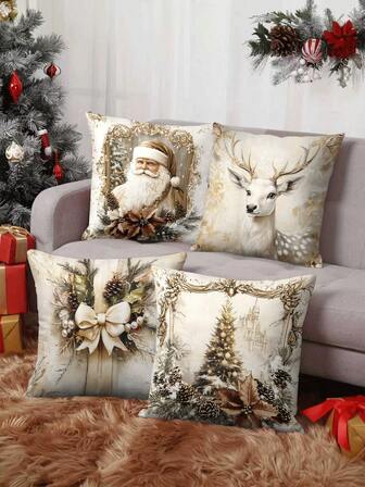 4 st/1 st guldfärgade örngott till julfestdekoration - jultomten, ren, rosett och julgransdesign, 18x18 tum | Dragkedja | Ljusa färger, polyestermaterial | För vardagsrum, rumsdekoration, soffa och sovrum (fyllning ingår ej) Perfekt för juldekorationer, julfest, festdekorationer