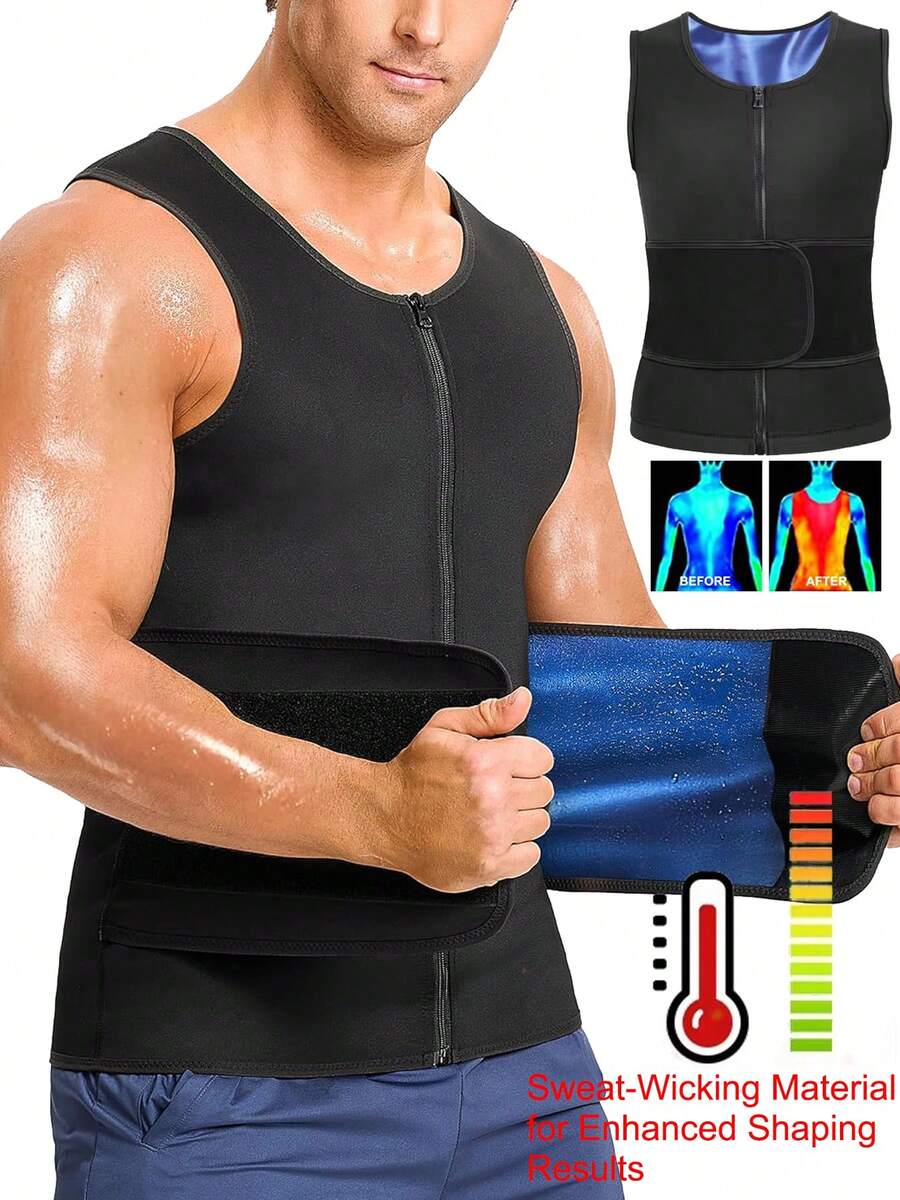 Men 2 In 1 Sauna Suit Waist Trainer Sauna Sweat Shirt Band Fat Burner Tummy Control Tank Tops Weight Loss Body Shaper Zipper Vest - 黑色 - 查看 1