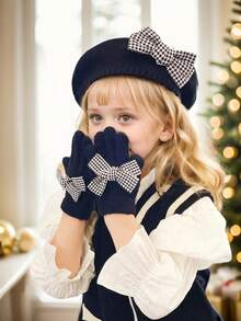 2pcs/Set Houndstooth Bow Knit Beret Hat & Faux Fur Lined Gloves Set, Fashionable, Vintage, Comfortable, Thin, Suitable For Early Winter, Girls & Toddlers, Black