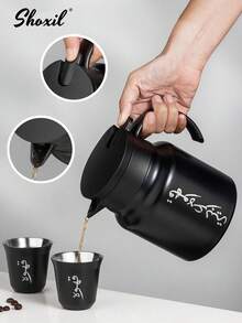 shoxil 3pcs/Set Stainless Steel Arabic Coffee Pot Set – 1000ml Vacuum Insulated Coffee Carafe With 2 Double-Walled Cups, Heat & Cold Resistant, Traditional Gift For Home, Office, Serving - Black - View 4