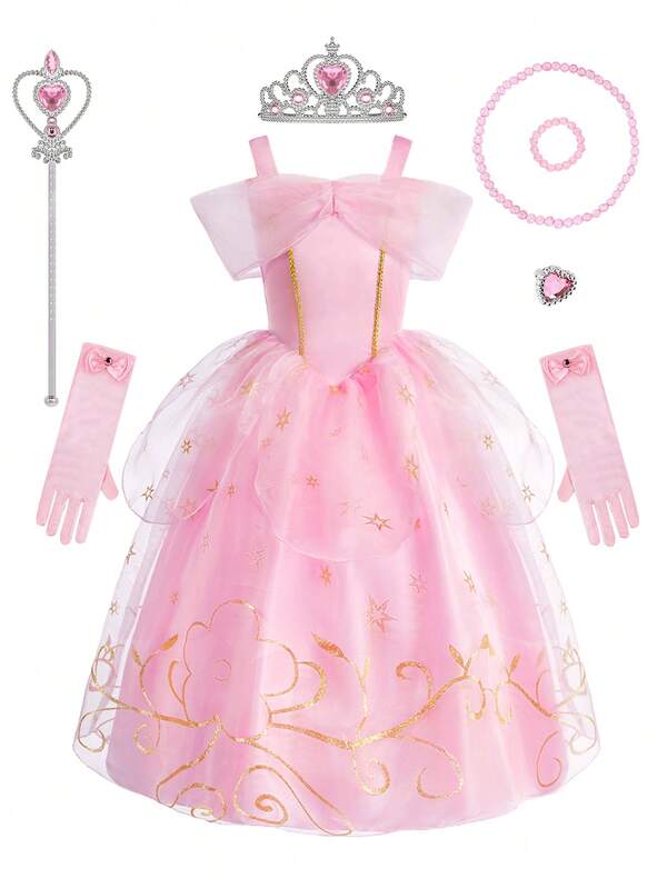 8pcs/Set Girls Pink Sheer Floral Pattern Sleeveless Dress With Accessories, Children Princess Carnival Christmas Party Cosplay Dress