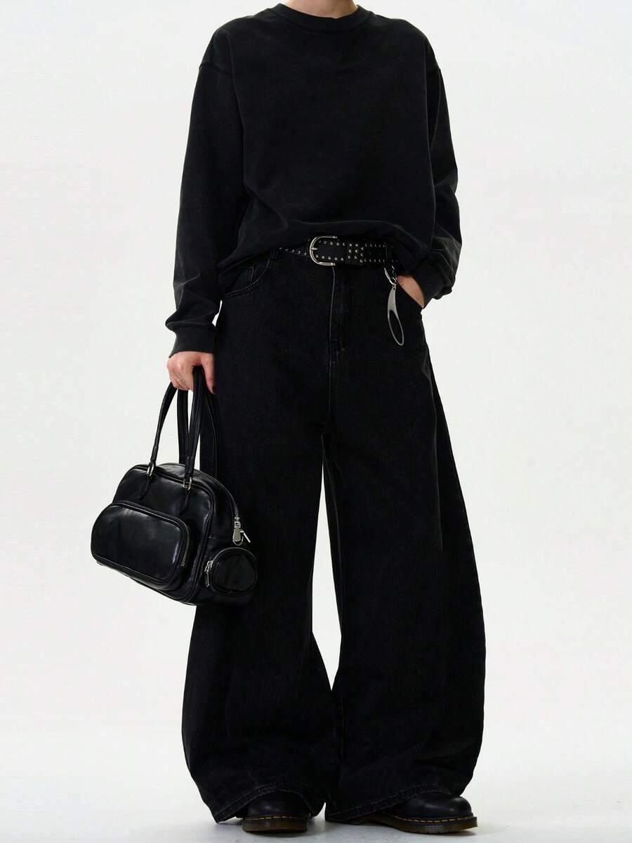 1 件男士复古美式风格黑色个性宽松阔腿喇叭牛仔裤 - 黑色 - 查看 1