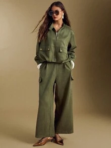 Sollinarry Women's Spring New Faux Suede Fashion Olive Green Stand Collar Zip Jacket And Matching Wide Leg Pants 2 Pieces Set - Army Green - View 4