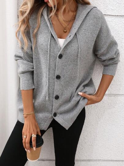 Cardigan de Tricô Casual com Botões na Frente, Cor Sólida Vintage Minimalista, Plus Size
