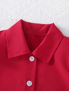 2pcs Baby Girls' Fashion Doll Collar Button Cardigan And Casual Retro Cherry Print Loose Wide-Leg Jeans Pants Set, Spring/Summer - Dark Wash - View 5