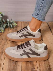 新款休闲运动鞋，时尚百搭仿麂皮系带女运动鞋，学生鞋 - 棕色 - 查看 5