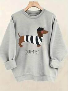 Women's White Dachshund In Striped Shirt & Oui Ner Graphic Casual Sweatshirt - Soft Light Beige-Friendly Fabric, All-Season Round Neck Pullover, Machine Washable Funny Dog Lover Apparel For Casual Attire - 灰色 - 查看 1